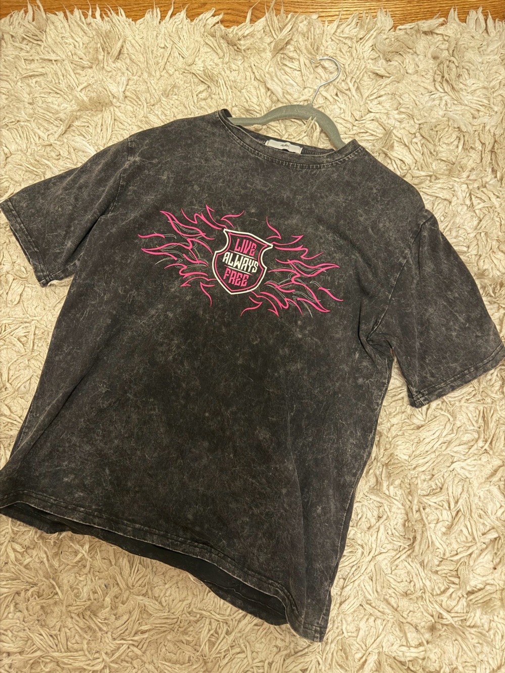 Edikted Oversized Black Mineral Wash Graphic Tee with Pink Flame Shield